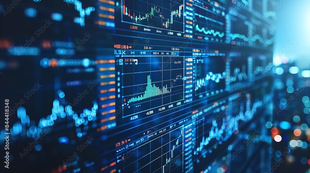 A close-up view of a digital screen displaying stock market data, showing fluctuations and graphs in real-time A close-up view of a digital screen displaying stock market data, showing fluctuations and graphs in real-time