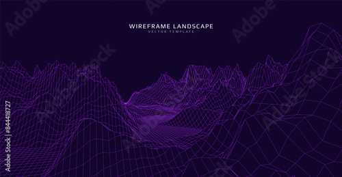 Wireframe landscape. Futuristic 3d mesh background. Digital hills technology. Vector illustration.