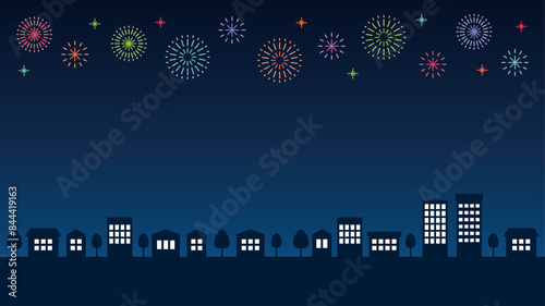 花火と街　背景　フレーム　夜