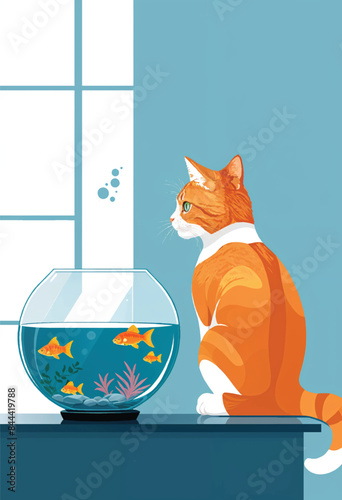 a cat sits next to a fish bowl and looks at a fish tank