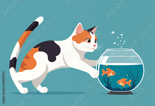 a cat is trying to catch a fish in a bowl
