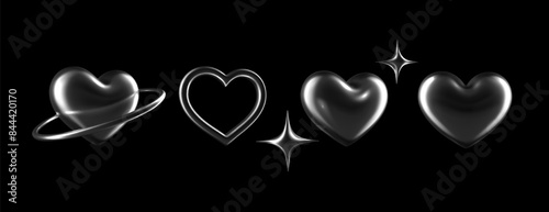 3d chrome hearts and star shapes with sleek metallic silver surfaces on black background. Isolated abstract elements in y2k style for love, valentine, romantic themes, adding a futuristic glossy touch