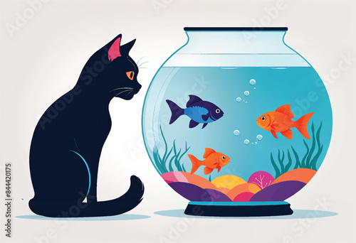 a black cat looking at a fish in a fish bowl