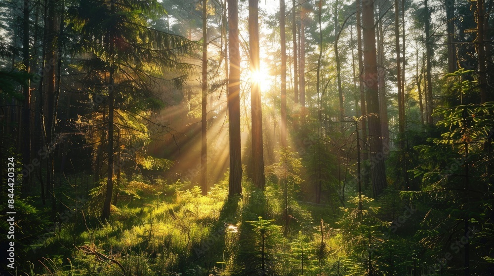 Spectacular sun rays shining through woods and tree in the dense forest. Green and lust forest on a beautiful summer day