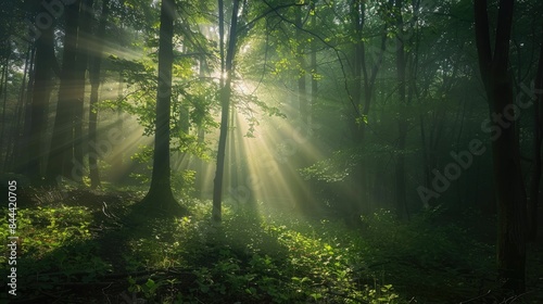 Spectacular sun rays shining through woods and tree in the dense forest. Green and lust forest on a beautiful summer day