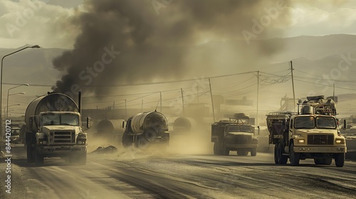 2. Create an image capturing the tense atmosphere surrounding a convoy transporting hazardous materials, as armored vehicles and security personnel form a protective barrier against potential threats. photo