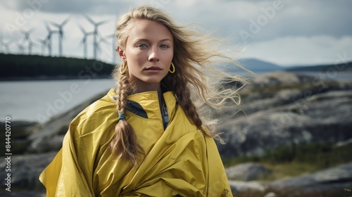 A beautiful young Scandinavian girl with long blonde hair in yellow protective hiking attire stands surrounded by wilderness 