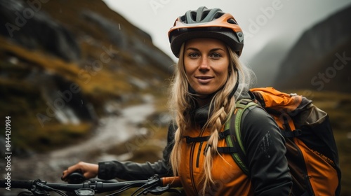 A girl in orange hiking attire on a mountain bike engages in active mountain biking trips. The concept of a healthy lifestyle.