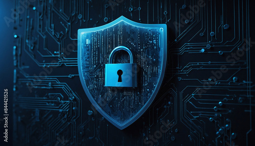 An online security  graphic featuring 3D, modern shield icon at its center, symbolizing robust protection. Surrounding the shield are subtle digital elements like binary code streams and intercom