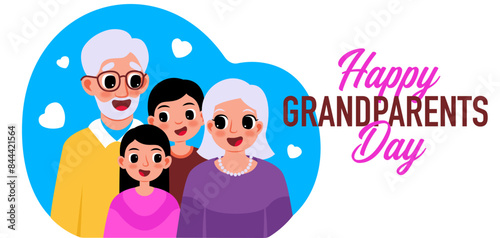 Elderly couple banner, portrait of happy grandparents with grandchildren