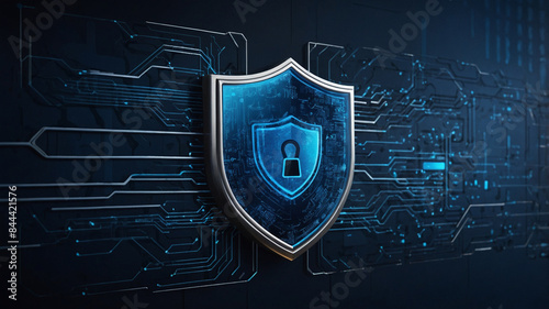 An online security  graphic featuring 3D, modern shield icon at its center, symbolizing robust protection. Surrounding the shield are subtle digital elements like binary code streams and intercom