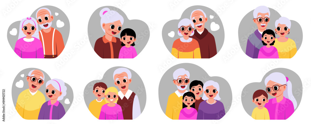 Big set of portraits of grandparents with grandchildren, with hearts in vector Big set of portraits of grandparents with grandchildren, with hearts in vector