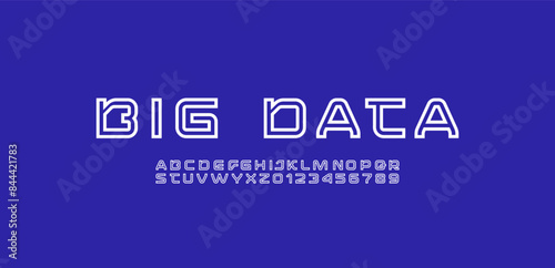 Technical future font, digital cyber alphabet, trendy uppercase letters A, B, C, D, E, F, G, H, I, J, K, L, M, N, O, P, Q, R, S, T, U, V, W, X, Y, Z and numerals 0, 1, 2, 3, 4, 5, 6, 7, 8, 9 outlines 