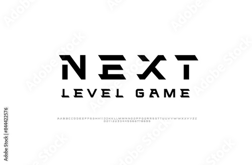 Tech bold font, digital cyber thick alphabet, hard letters A, B, C, D, E, F, G, H, I, J, K, L, M, N, O, P, Q, R, S, T, U, V, W, X, Y, Z and numerals 0, 1, 2, 3, 4, 5, 6, 7, 8, 9, vector illustration 1