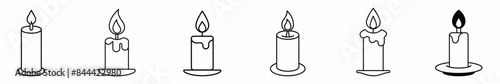candle icon, candle light icon, burning candle icon,  set of candles icons. Black linear symbols on a white background.
