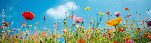 beautiful flower field with colorful blossoms under blue sky and white clouds