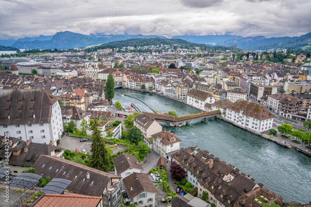 Obraz premium top view of Luzern from Museggmuaer fortress that we can see old town city view with reuss river including chapel bridge and sky very beautiful
