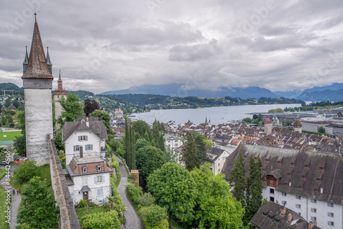 top view of Luzern from Museggmuaer fortress that we can see old town city view with reuss river including chapel bridge and sky very beautiful photo