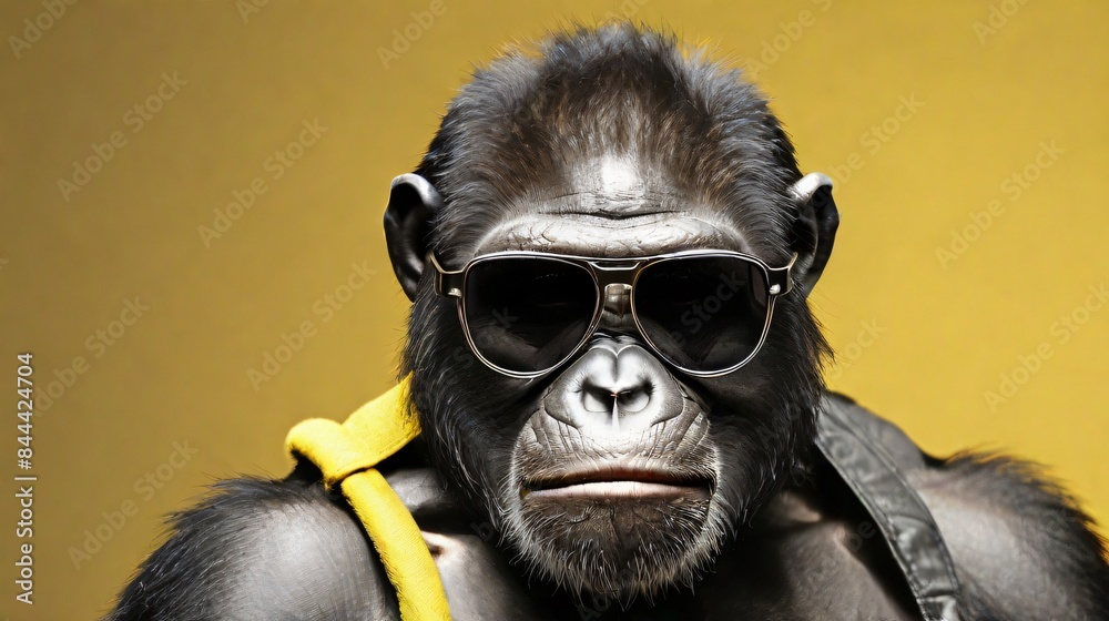 closeup ape wearing sunglasses with light yellow background closeup ape wearing sunglasses with light yellow background