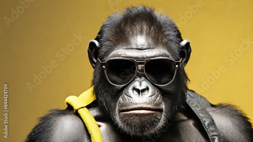 closeup ape wearing sunglasses with light yellow background © Iqbal