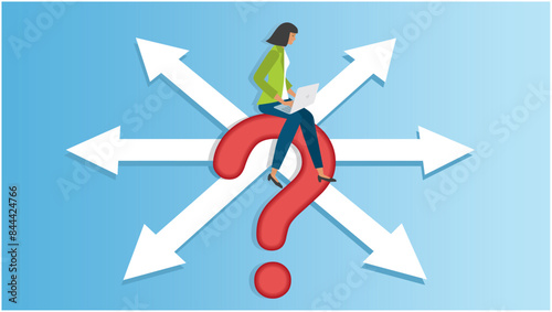 Woman uncertain about what road she should choose. Sitting on question mark with arrows with different angels in background. 16:9. Vector illustration.