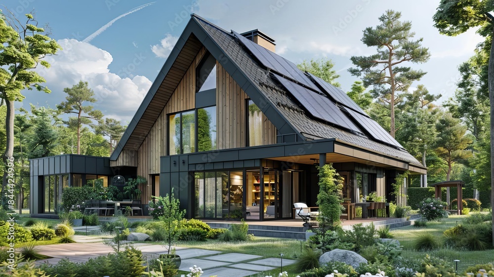 Modern ecofriendly suburban house equipped with a new photovoltaic system installed on the gable roof Modern ecofriendly suburban house equipped with a new photovoltaic system installed on the gable roof