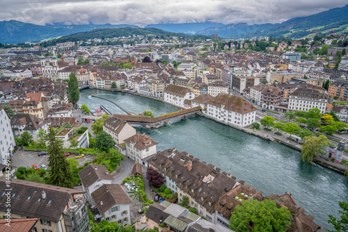 top view of Luzern from Museggmuaer fortress that we can see old town city view with reuss river including chapel bridge and sky very beautiful photo