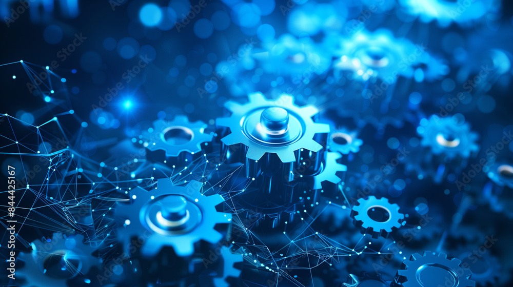 A close-up of interlocking gears set against a background of blue digital connections A close-up of interlocking gears set against a background of blue digital connections