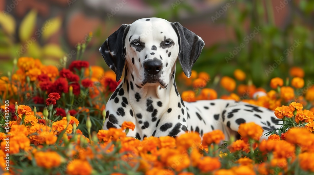 Dalmatian Dog Relaxing in Marigold Flowers Dalmatian Dog Relaxing in Marigold Flowers