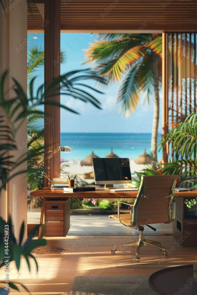 Fototapeta premium Tropical Beach Home Office with Ocean View and Modern Setup