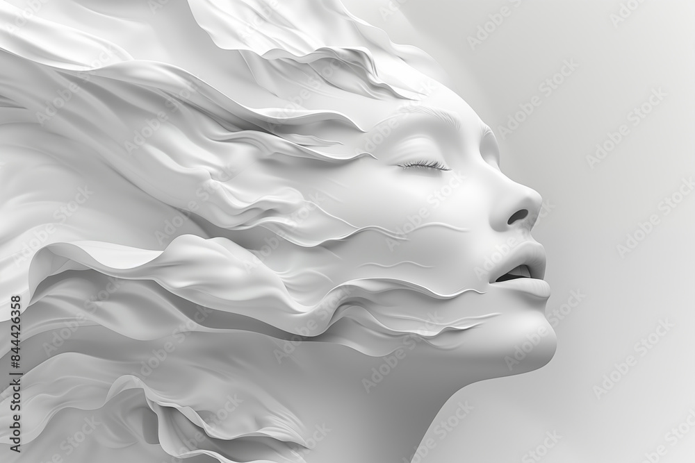 Female face as if caught in mid-transformation or movement, with fluid, wavy contours that convey a sense of motion. Monochrome tones emphasize the sculpture-like quality Female face as if caught in mid-transformation or movement, with fluid, wavy contours that convey a sense of motion. Monochrome tones emphasize the sculpture-like quality