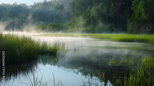 Tranquil marsh at dawn, mist dancing above still waters reflecting the early morning light.