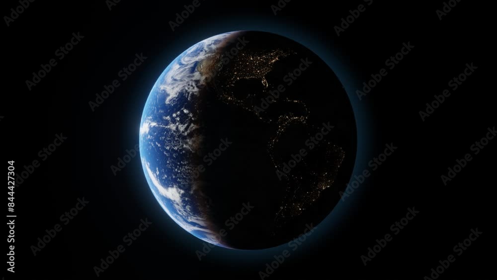 4K beautiful planet earth from sky. planet seamless loop rotating animation. sun light