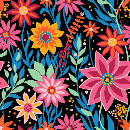 Flower Field Bright Pink, Blue, Mint, Orange, Yellow Colors on Black, Seamless Random Pattern. Great for Textile, Surface, Wallpaper, Wrapping, Fabric, Decor Ornament, Scrapbook Craft Paper.