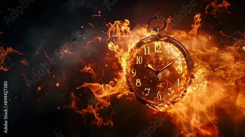 Burning and Flaming Analog Clock Symbolizes Urgent Pressure and Hurry Under Dramatic Fiery Conditions