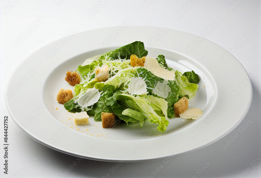 : A crisp Caesar salad with romaine lettuce, crunchy croutons, shaved Parmesan cheese, and a creamy Caesar dressing, served on a white plate