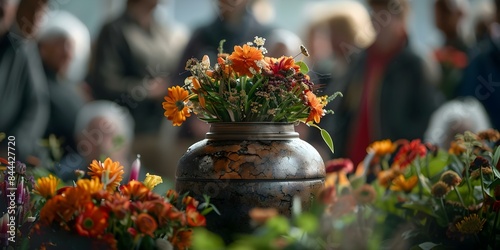 Ashes of flowers in urn mourners at funeral saying goodbye to deceased. Concept Funeral Rituals, Grief and Mourning, Remembrance Ceremony, Memorial Service, Emotional Farewell