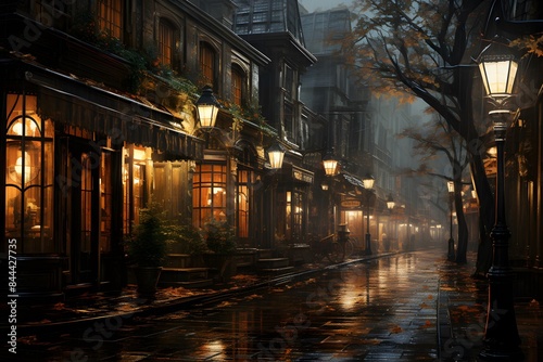 Digital painting of a street in a foggy night in Paris, France © Iman