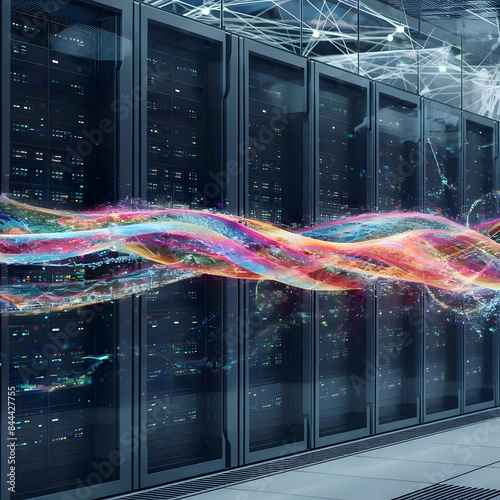 Digital information flows through the network and data servers behind glass panels in the server room of a data center or Internet service provider