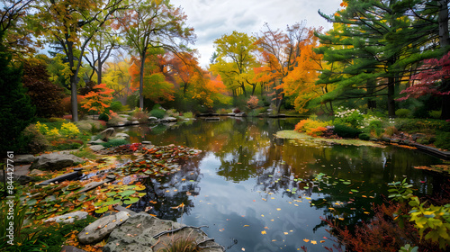 Tranquil pond reflecting colorful autumn leaves, creating a peaceful and picturesque scene in nature.