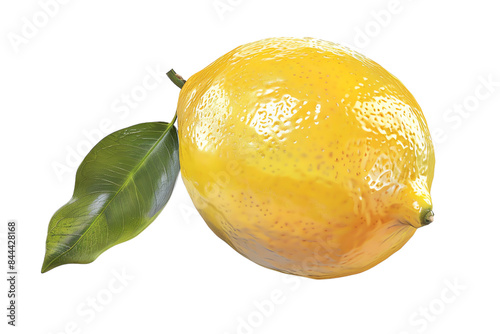 A single, ripe lemon with a green leaf, isolated on a black background. photo