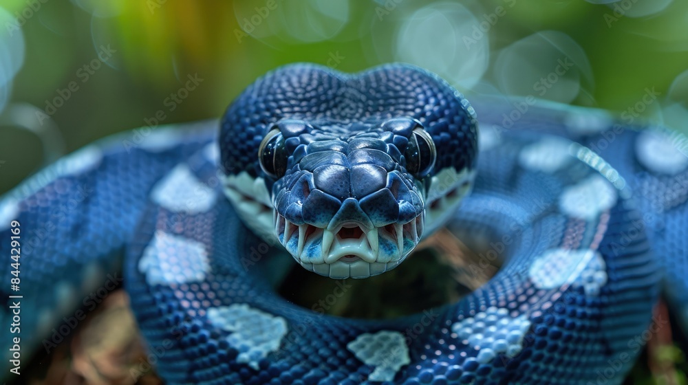 Fototapeta premium Close-up image of a vibrant blue and black snake in a natural setting, highlighting the intricate details of its scales and intense gaze.