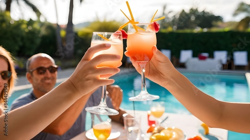 A photo of a close-up of hands toasting with summer cocktails at a poolside party, with a sunlit, refreshing background, in a bright,
 photo