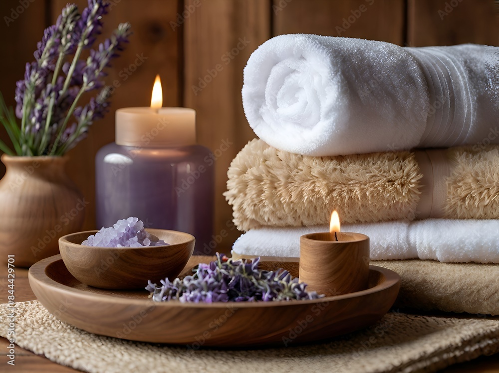 Tranquil Spa Scene with Lavender Towels Tranquil Spa Scene with Lavender Towels