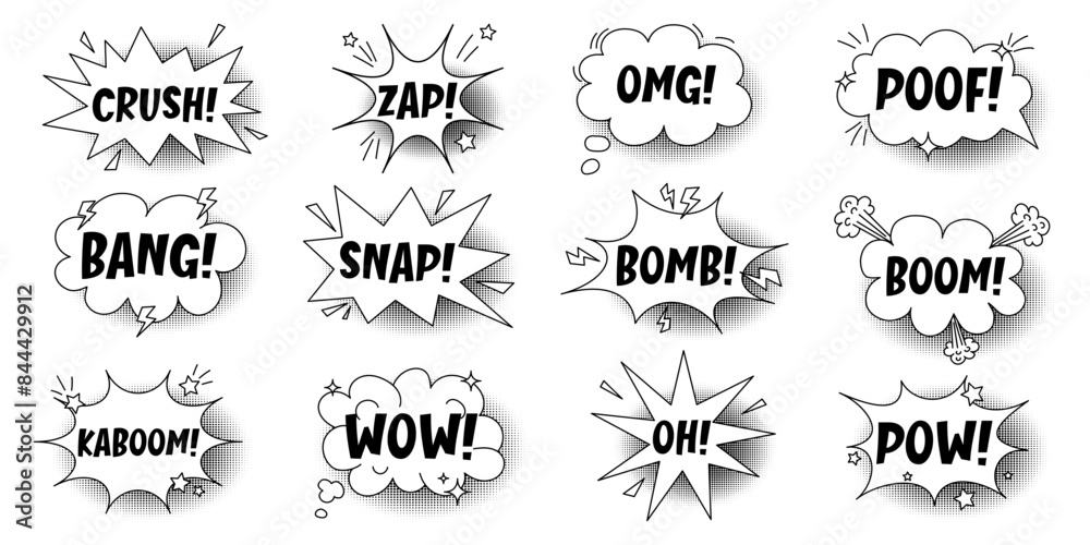 Set of speech bubbles with inscriptions, clouds and explosions in comic style, stars and lightning. Hand drawn sketch elements with halftone shadow. Pow, bomb, poof, bam, omg, crash.