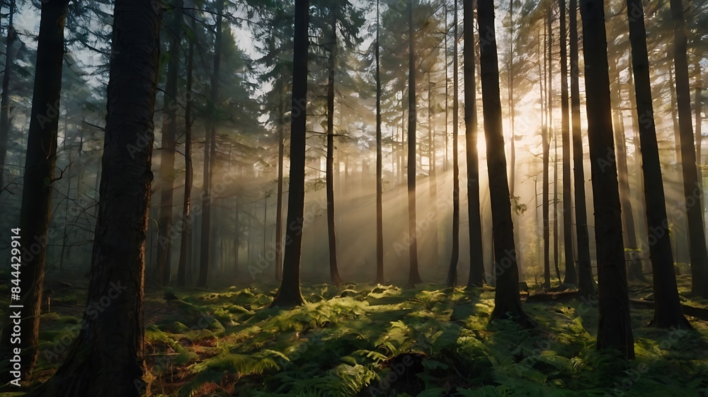 Sunrise view in a beautiful green forest landscape with long and crowded trees Sunrise view in a beautiful green forest landscape with long and crowded trees