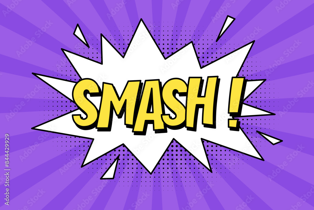 Fototapeta premium Speech bubble with an expressive yellow inscription smash, an explosion in a comic book style on a bright purple background. Retro banner in pop art style with halftone shadow, doodle element.
