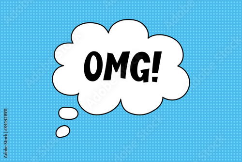 Speech bubble with the expressive inscription OMG, a comic-style cloud on a bright blue background. Banner in pop art style with halftone backdrop, doodle element.