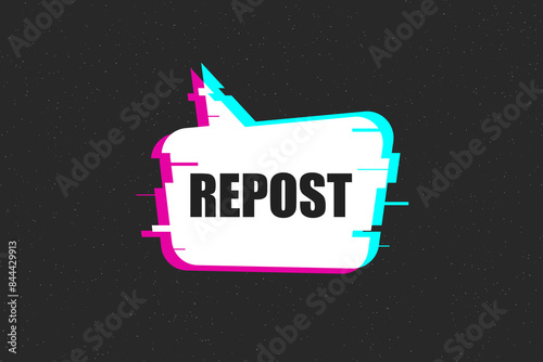 Social Media Call-To-Action set of stickers in glitch style. Blog button, speech bubbles with repost text, distortion frame and flaw glitches bug.