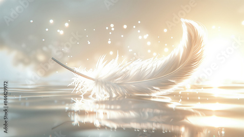 A beautiful, pure white angel feather falls into the lake.真っ白な綺麗な天使の羽根が湖に落ちているGenerative AI photo